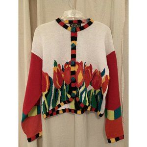 Vintage Lisa Nichols Beaded Colorful Flower Design Cardigan Sweater Size 1